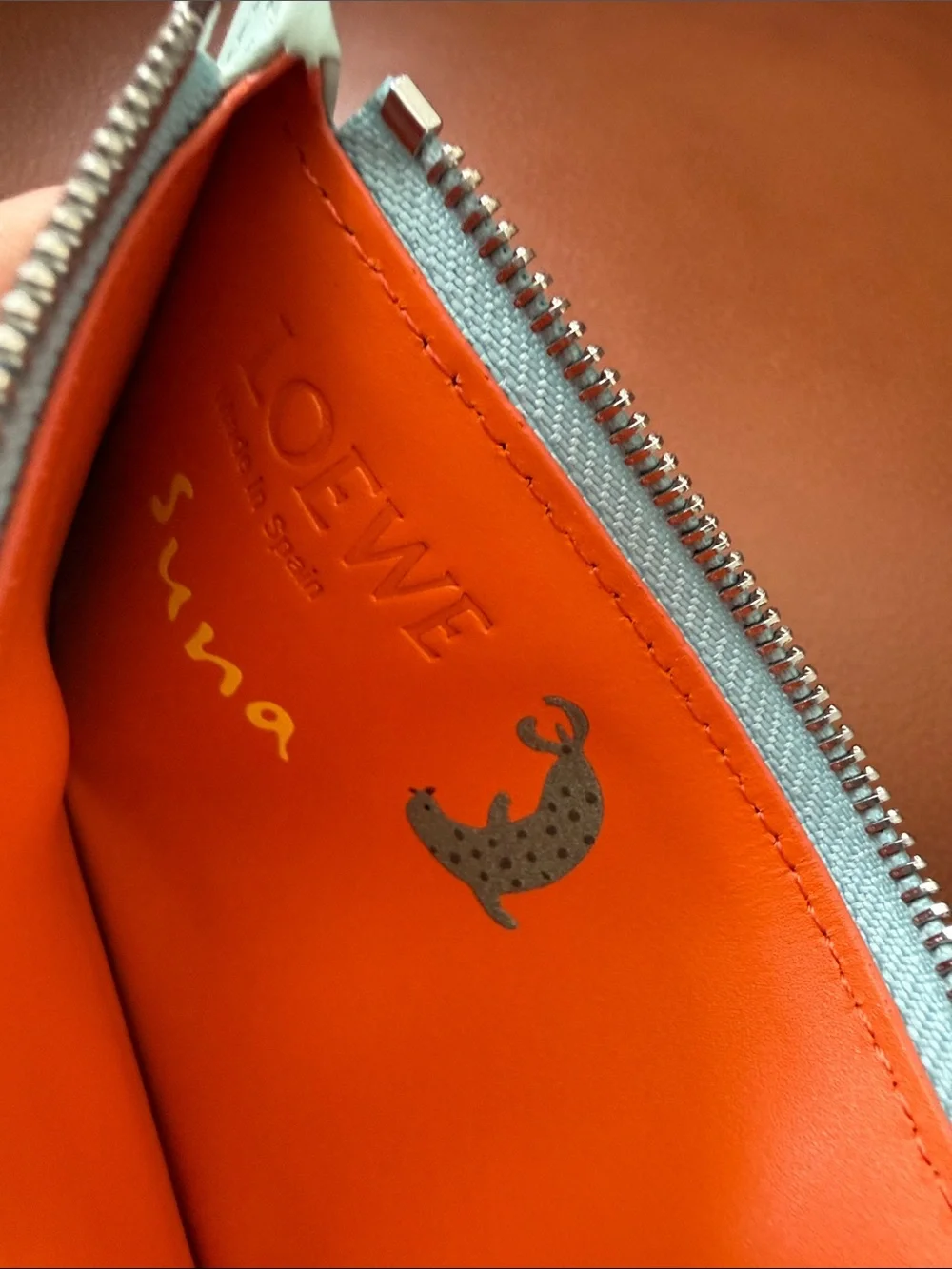 LOEWE X SUNA FUJITA Satin Calfskin Penguins Compact Zip Wallet Blue Iceberg Subc
